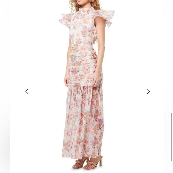 elliatt regale high neck ruched ruffle shoulders floral maxi dress size small - Picture 3 of 11